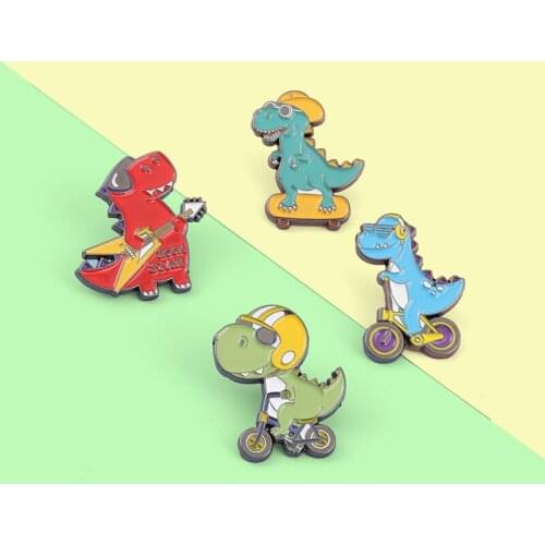 Cartoon Cute Dinosaur Enamel Brooch Creative Dinosaur Car Skateboard Guitar Singing Alloy Pins Clothes Accessories Woman Jewelry