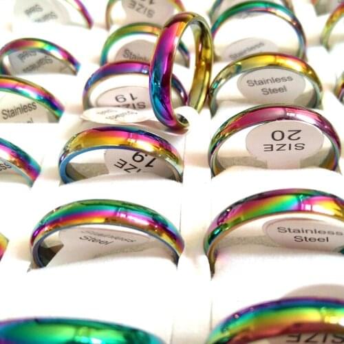 Wholesale 100pcs Rings Fashion Jewelry Rainbow Width 4mm Band Unisex Wedding Stainless Steel Rings