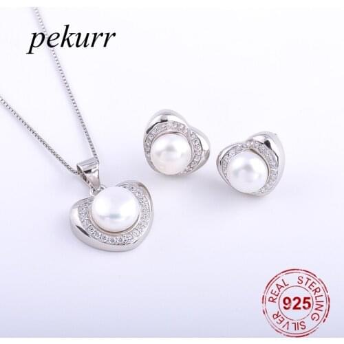 Pekurr 925 Sterling Silver Luxurious Love Heart Freshwater Natural Pearl Earrings Necklace Sets For Women Pendants Jewelry Set