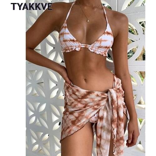 Sexy 3 Piece Swimsuit Women Tie Dye Push Up Padded Biquini Brazilian Summer Bathing Suit Thong Bikini 2021 Swimwear Women Skirt