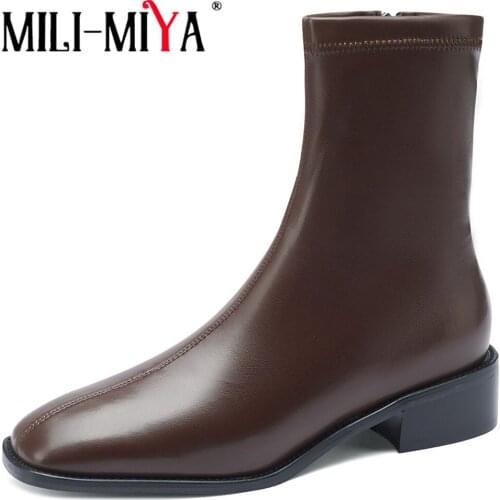 MILI-MIYA Good Quality Leather Woman Ankle Boots Zipper Fashion Square Toe Comfortable Low Heel Autumn Winter Daily Life Shoes