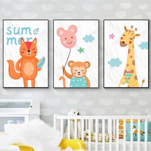 Cartoon Animals Canvas Prints Posters Wall Art Print Nordic Polar Bear Deer Monkey Pictures For Kids Baby Room Wall Decoration