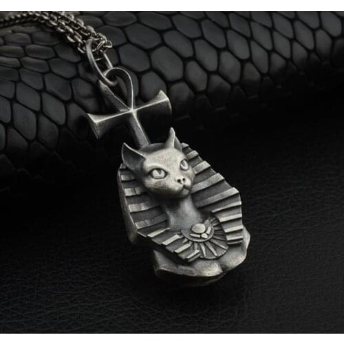 Hot sale pure tin egypt pharaoh cat mens fashion retro hip hop pendant necklace sweater chain necklace