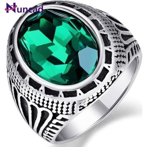 2019 NUNCAD Mens Ring Vintage Stainless Steel Ring Blue/Green/Red Crystal Inlay Totem Wedding Band Anniversary Birthday Ring