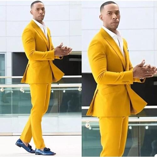 Yellow Soild Mens Suits Groom Wedding Tuxedos for Prom Party Dinner 2 Pieces Double Breasted Jacket with Pants New Arrival