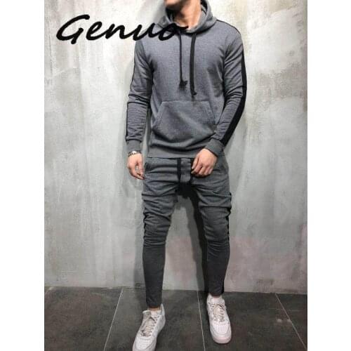 Genuo New 2 Pieces Sets Tracksuit Men New Brand Autumn Winter Hooded Sweatshirt +Drawstring Pants Male Stripe Patchwork Hoodies