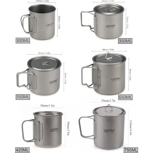 Lixada Cookware Set 300ml/350ml/550ml/650ml/ Ultralight Titanium Cup with Folding Dinner Spork Tableware Camping Picnic Tools