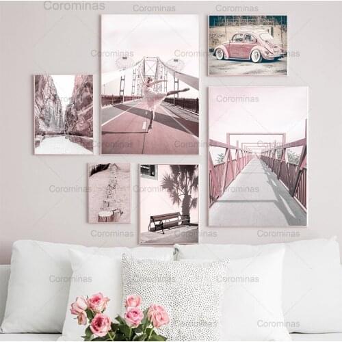 Pink Bridge Beach Car Ballet Girl Tree Wall Art Canvas Painting Nordic Hd Posters and Prints Wall Pictures for Living Room Decor