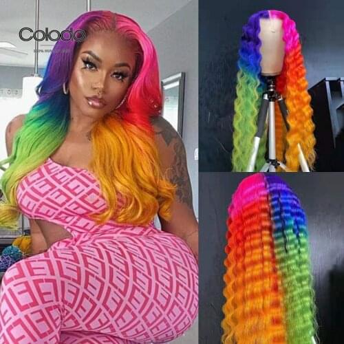 COLODO Remy Brazilian Pink Orange Wigs Pre Plucked Rainbow Human Hair Lace Front Wig Glueless Transparent Lace Wigs for Women