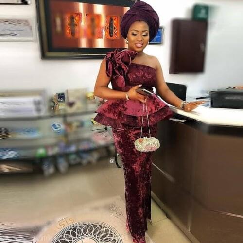 Aso Ebi Velour One Shoulder Prom Dresses Flowers Peplum Mermaid Evening Dress For Women African Formal Party Vestidos Dark Red