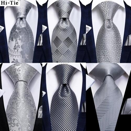 Hi-Tie Silver Striped Floral Gift Tie For Men Silk Wedding Tie Handky Cufflinks Set Fashion Designer Business Party Dropshipping