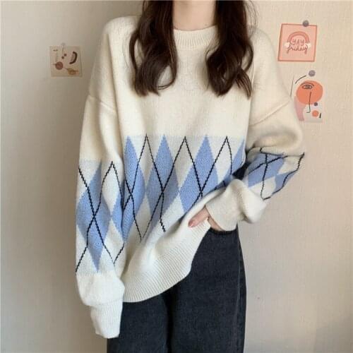 Autumn and winter new style Japanese loose retro pullover diamond contrast color sweater women