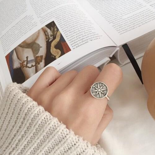 Authentic S925 Sterling Silver FINE Jewelry Retro Compass Open ring adjust TLJ992