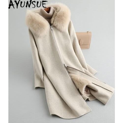 AYUNSUE Winter Jacket Women Real Fur Coat Female Luxury Rabbit Fur Liner 100% Wool Coat Fox Fur Collar Warm Long Jackets MY4389