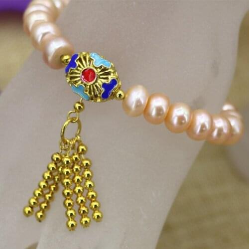 Bohemia style natural 9-10mm orange pearl abacus beads bracelet for women gold-color cloisonne tassels jewelry 7.5inch B3098
