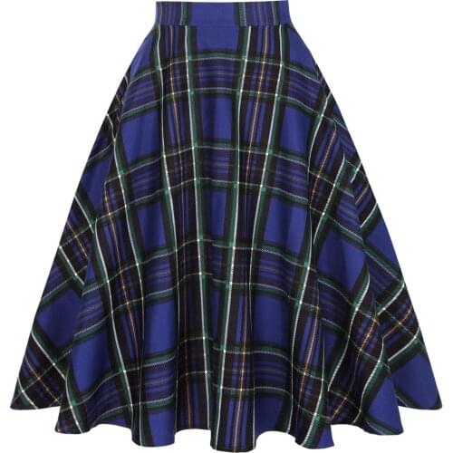 Spring Summer Swing Retro Vintage Skirt Blue Cotton Women Ladies A Line Long Midi Plaid Skirt Plus Size SS0006