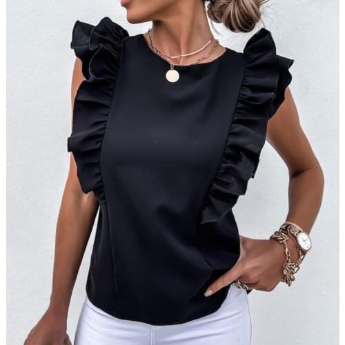 Women Blouse Solid Color Back Hollow Out Summer Ruffle Tie-Up Bow Sleeveless Top for Home Womens Clothing 2021 Street wear