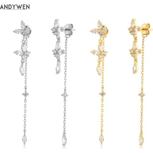 ANDYWEN 925 Sterling Silver Gold Clear Butterfly Zircon Chain Drop Earring Fine Jewelry Rock Punk Fashion Crystal Clips Wedding