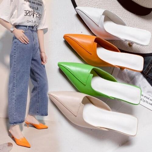 2020 Summer Pointed Toe Slippers Candy Color High Heels Dress Shoes White Wedding Shoes Thin Heels Slides zapatos mujer 8104L