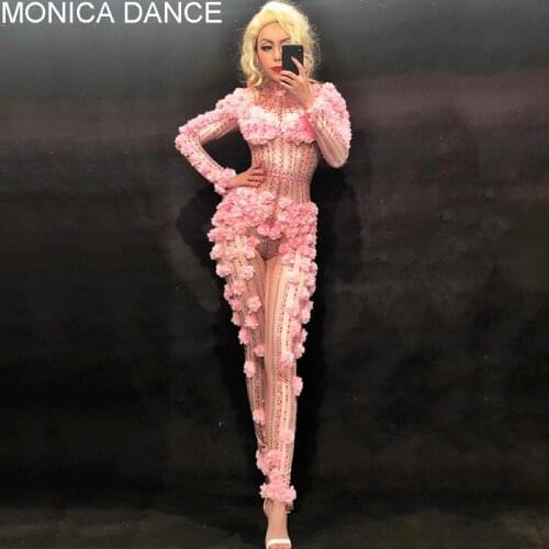 Sexy Stage Dj Pink Flower Crystals Evening Birthday Wedding Jumpsuit Celebrate Party Wear Singer Stage Performance Jumpsuit