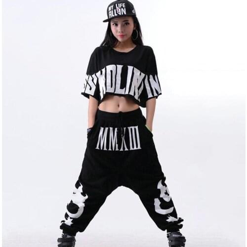 Hip Hop Costume Black Short Sleeve Loose Harem Pants Women Street Dance Clothing Ladies Stage Outfit Dj Ds Rave Wear top pant
