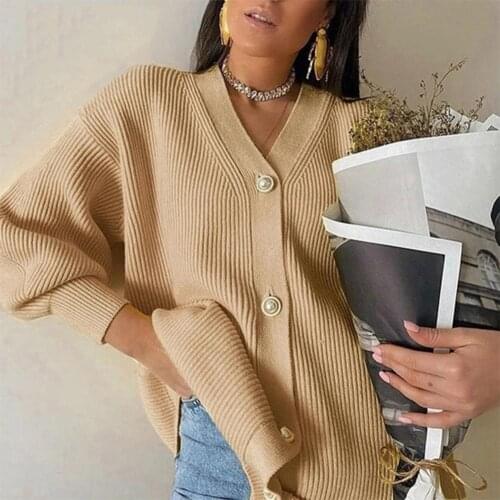 Chic Women Loose Single-breasted Knitted Cardigan One Size Lantern Sleeve V Neck Knitted Coat for Daily Streetwear