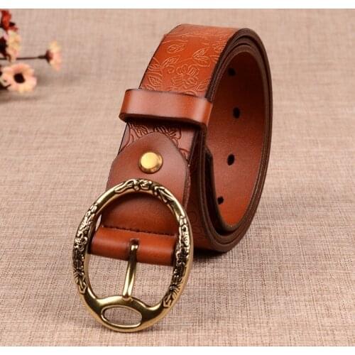 Womens needle buckle belt pure cowhide womens belt Korean version versatile decoration wide round buckle belt