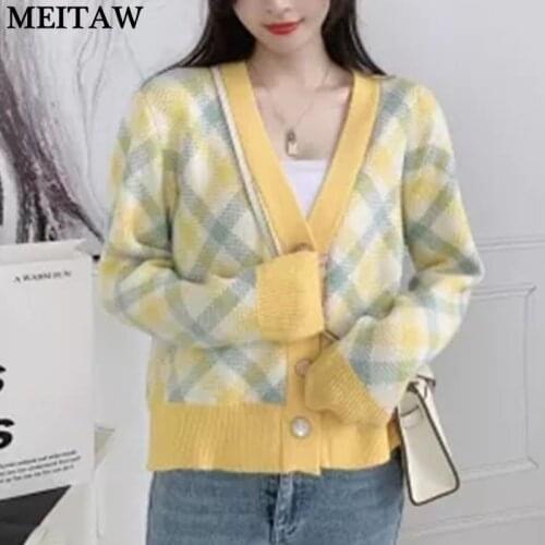 Plus Size Harajuku Plaid Print Sweaters Women Long Sleeve Knitted Cardigan Tops 2021 Vintage Loose Outerwear Jacket Coats