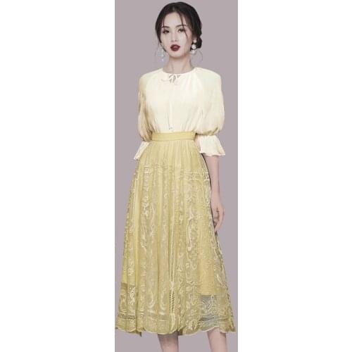 Summer Fall Women 2 Piece Sets Vintage Elegant Party Chic Three Quarter Sleeve O Neck Blouse Top + High Waist A Line Lace Skirt