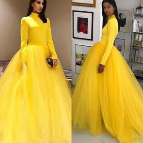 2020 Saudi Arabic Long Sleeve High Neck Yellow Prom Dresses Tulle Sweet 16 Dress Quinceanera Formal Elegant Evening Gowns