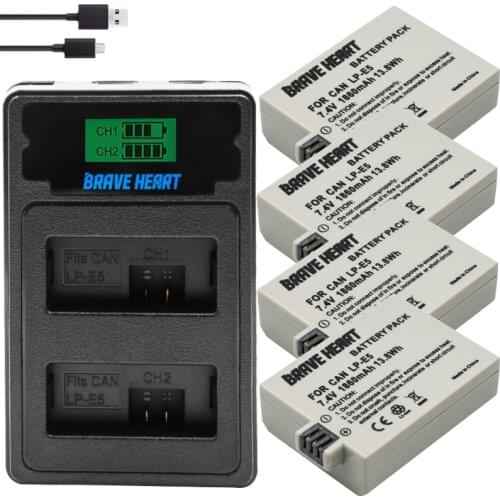 2Pcs 1860mAh LPE5 LP-E5 LP E5 Battery + type-c charger for Canon EOS Rebel XS, Rebel T1i, Rebel XSi, 1000D, 500D, 450D, Ki