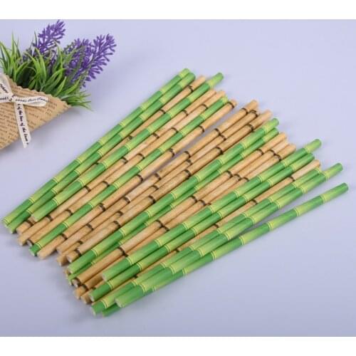 25pcs Cake Topper Green Bamboo Paper Straws Kids Happy Birthday Wedding Decorative Event Tropical Party Supplies Drinking Straws