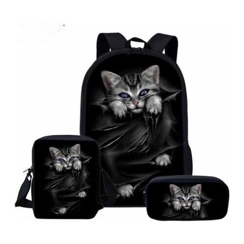 3pcs/Set School Bags for Girls Cute Black Cat Printing Children Orthopedic Backpack Kids Book Bags Mochila Infantil