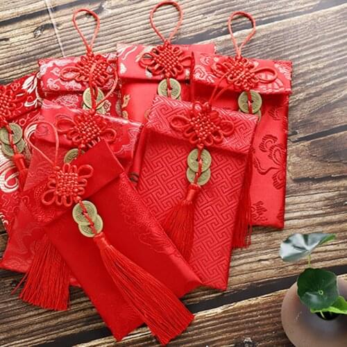 6pcs Red Bag Chinese New Year Gift Card Bag Gift Card Envelope Red Embroidery Traditional Festival Spring Festival Supplies