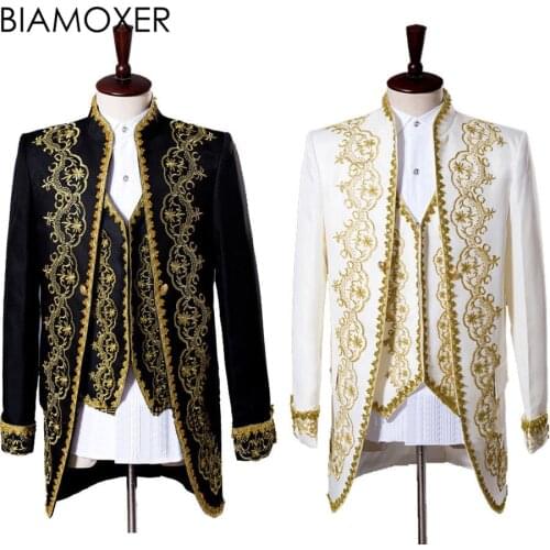 Biamoxer 2 colors Black White Medieval King Prince Jacket Pant Full Set Mens Halloween Party Cosplay Costume m-2xl
