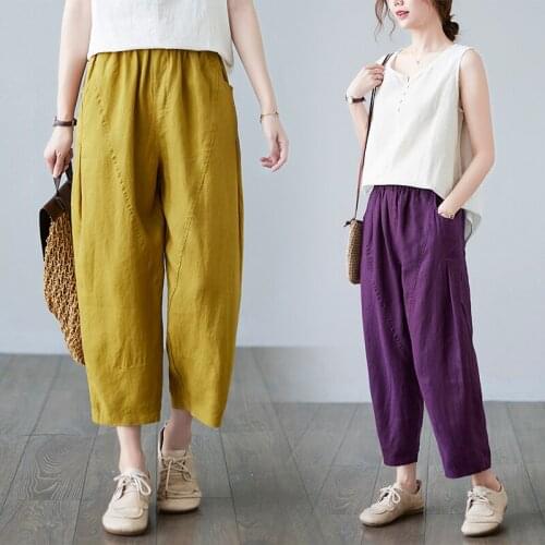 Cotton Linen Womens Trousers Summer Autumn Thin Section Retro Harem Pants Loose High-Waist Big Size Casual Pants