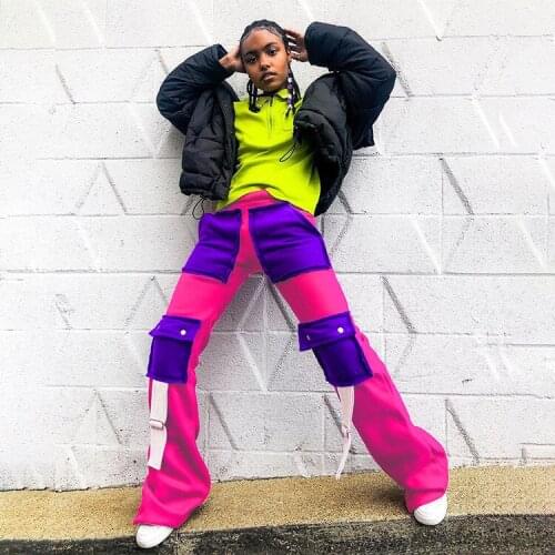 Color Blocking Pockets Bell-Bottoms Pants Women High Waist Slim Flared Trousers Street Style Elastic Waist Long Pants S-3XL