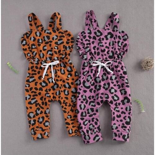 Newborn Baby Girls Lace Leopard Print Overalls Baby Sleeveless Suspender Trousers with Drawstring Kids Playsuits