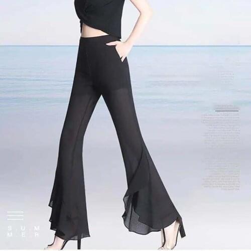 Korean Fashion High Waist Flared Pants Women 2021 Summer Thin Slim Black Trousers Design Chiffon Ruffle Drape Lady Bell-Bottoms