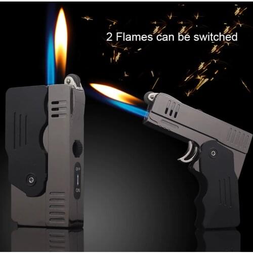 Creative Double Fire Deformation Pistol Butane Gas Lighter Torch Windproof Flint Lighter Funny Cigar Cigarette Accessory Gift
