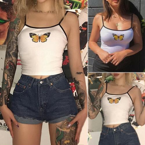 Fashion Sexy Women Summer Butterfly Print Camisole Sleeveless Casual Tank Top Crop Vest High Street Famales Clubwear Slim Camis