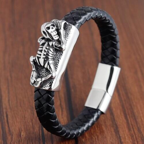 Trendy Skeleton Charm Bracelets Man Leather Bangles Magnetic-clasp Cowhide Braided Trendy Bracelet Armband pulsera hombre