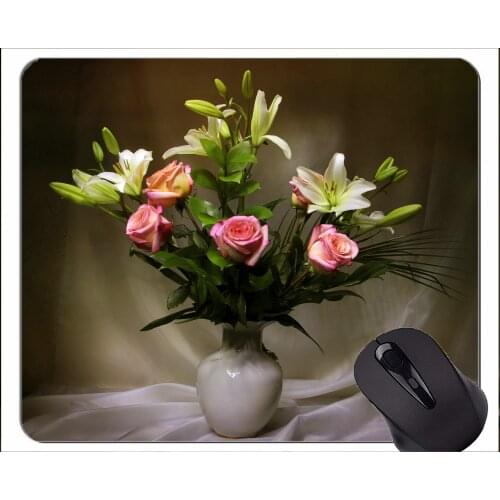 Mouse Pad Non-Skid Natural Rubber Rectangle Mouse Pads,Rose lily still life -Stitched Edges