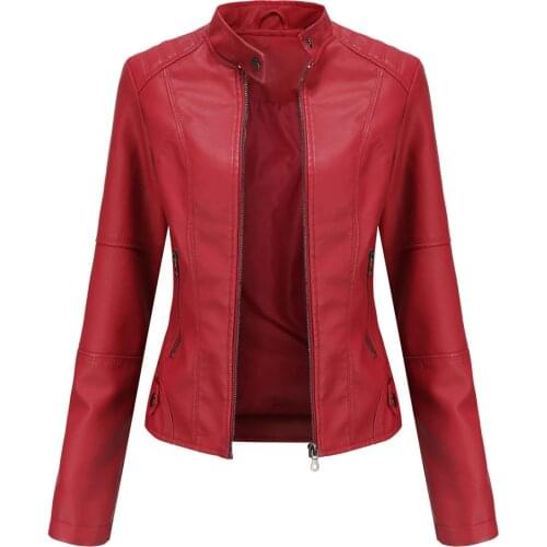 New 2021 Spring Womens Leather Slim Fit Jacket Thin PU Jacket Ladies Motorcycle Wear Large Size Stand-Up Collar Leather Jacket