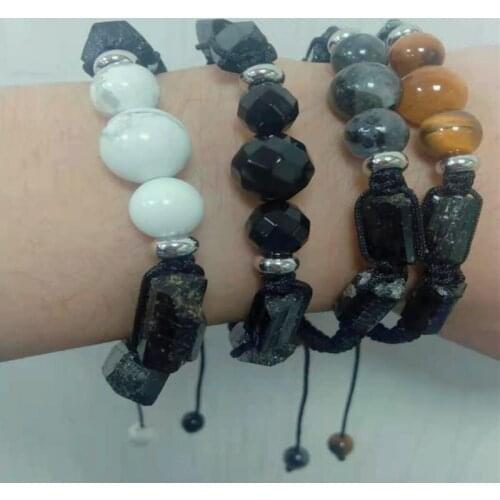 2020 Rough Black Tourmaline Bead ＆ Matte Onyx Precious Stone Nylon Rope Adjustable Charm Weave Macrame Bracelet For Women Man