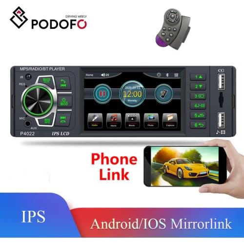 Podofo 3.8'' IPS Car Radio 1Din FM Bluetooth Audio Stereo With Steering Wheel Control Intelligent For Universal EQ Player