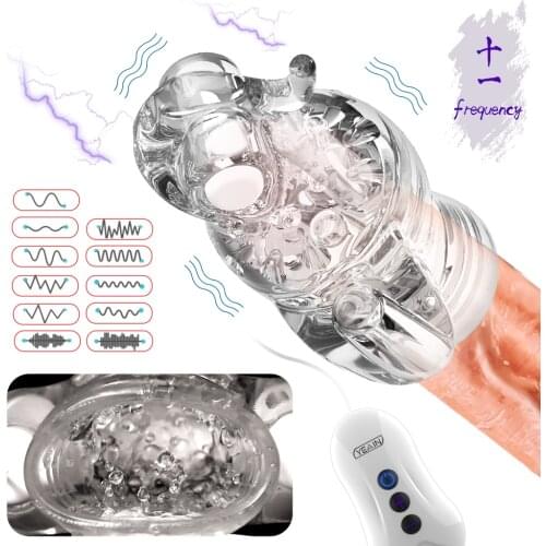 Electric Shock Glans Vibrator For Male Penis Stamina Train Masturbator Cup Delay Ejaculation Glans Sleeve Cock Cage Egg Sex Toys