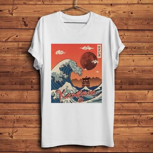 Japan vintage Ukiyoe The Great Wave off Kanagawa red moon t shirt homme men white casual short tshirt unisex streetwear tee