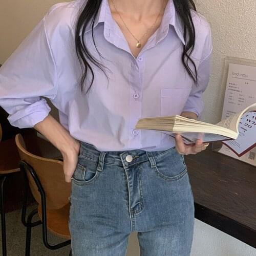 2021 Early Autumn Fashion Women Purple Casual Shirts Long Sleeve Single Breasted Loose Purple Tops Clothes
