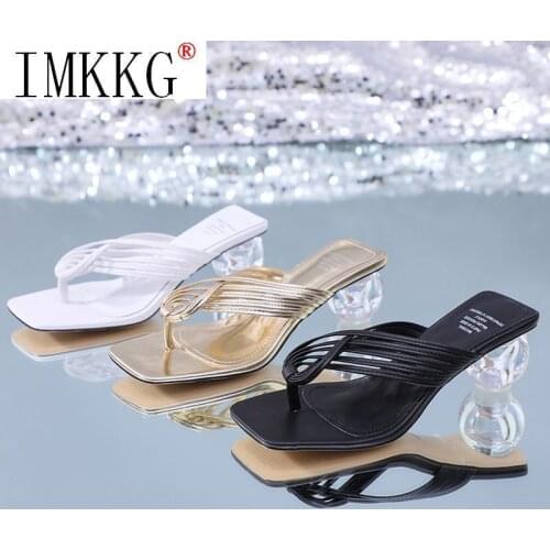 2021 Summer Women Square Toe Slippers Flip Flop Ladies Fashion High Heels Sandals PU Leather Womens Casual Shoe Female Footwear